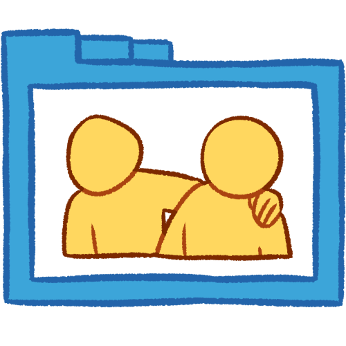 A drawing of a hollow blue folder with thick lines containing two emoji yellow people from the bust up, with one putting their hand on the other